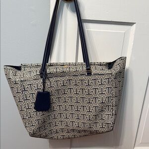 Tory Burch Navy and White Geometric Tote Bag
